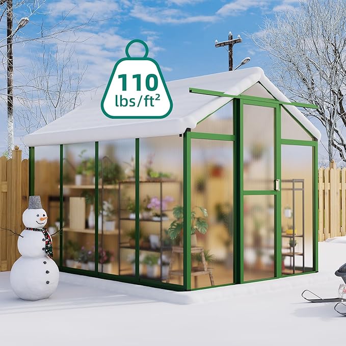 6x8FT Walk in Greenhouse with Reinforced Aluminum Alloy Frame & Snap in Polycarbonate Panels, Adjustable Roof Vent & Rainwater Gutter for Year Round Plant Growth in Garden, Patio, Backyard