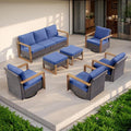 Rilyson Outdoor Wicker Patio Furniture Set - 7 Piece Patio Conversation Set with 4 Wicker Swivel Rocker Chairs,2 Rattan Ottoman and 1 Couch,Thick Cushions,Deep Seating,Wide Armrest(Brown/Blue)