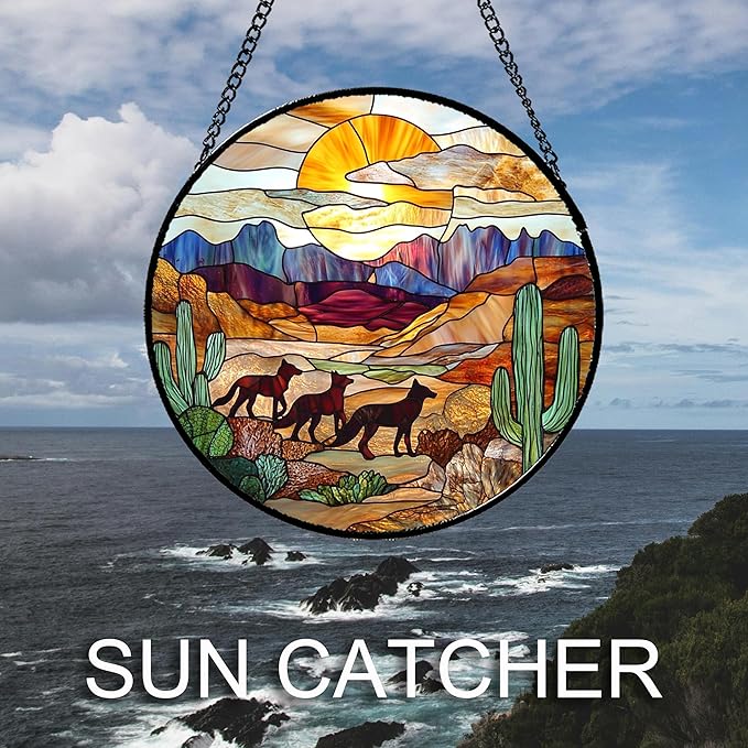 HKDGOKA Stained Glass Window Hanging Sunset Desert Landscape Wolf Large 11.8" - Suncatcher Door Garden Sunroom Sun Catcher Home Decor Birthday Christmas for Mom Men Woman Nana