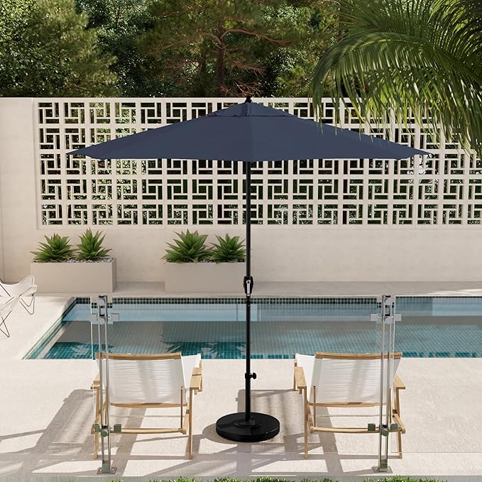 California Umbrella 9' Rd Aluminum Patio Umbrella, Crank Lift, Auto Tilt, Black Finish, Sunbrella Regatta