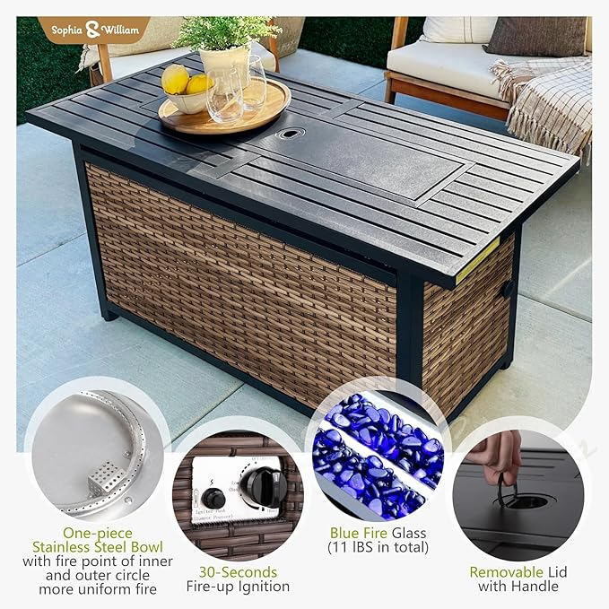 Sophia & William Patio Furniture Set with 56" Fire Pit Table, 10PCS Outdoor Wicker Sectional Conversation Set with 3-Seater Sofa, 2-Seater Couch, 2 Ottoman & FirePit Table(Aqua Blue)