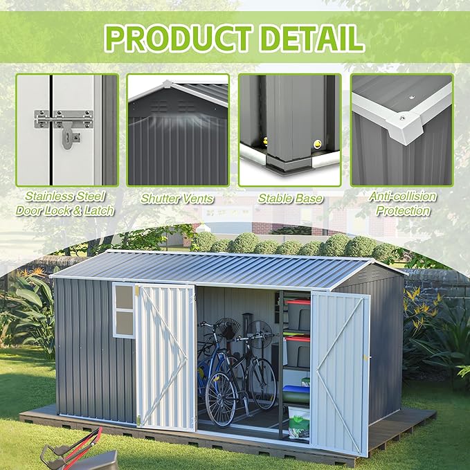 8x12 FT Metal Outdoor Storage Shed with Window & Reinforced Floor Frame, Lockable Double Doors, Weatherproof Steel Garden Tool Shed for Backyard, Lawn Equipment & Patio Organization