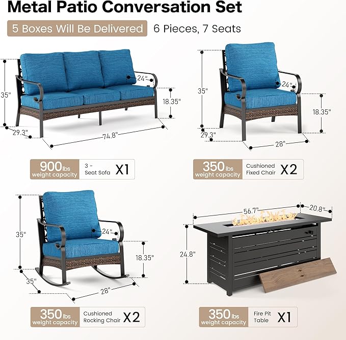 SUNSHINE VALLEY 6 Piece Black Metal Outdoor Patio Furniture Sets with Firepit Table, Patio Conversation Set 1 3-Seater Sofa, 2 Leg Sofa and 2 Rocking Chair with 5.75" Cushion for Backyard Deck, Blue-2