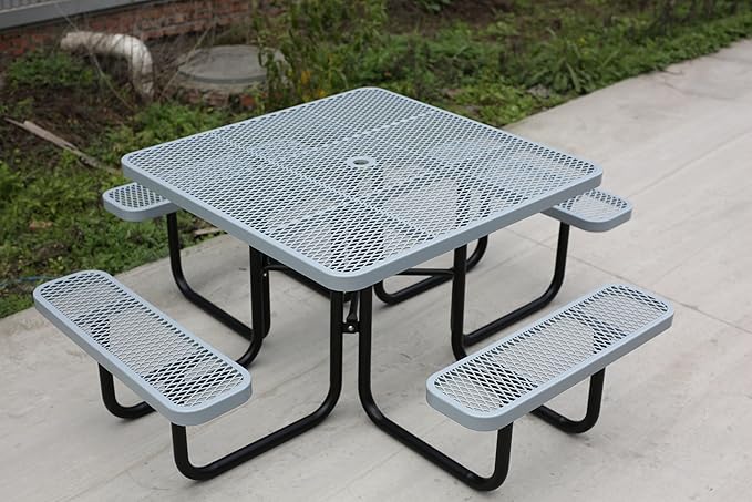 46Inch Square Picnic Table for 8 Person, Outdoor Heavy Duty Sturdy Picnic Tables with 4 Benches & Umbrella Hole, Commercial Metal Patio Picnic Table for Garden, BBQ, Coffee Store, Party, Porch (Grey)