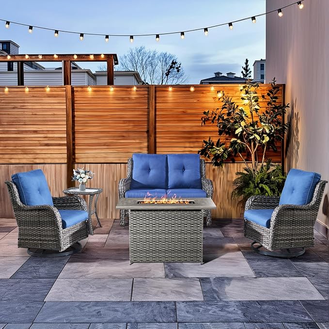 HUMMUH 5-Piece Patio Furniture Set with Fire Pit Table Wicker Outdoor Swivel Rocker Patio Chairs High Back Loveseat Conversation Set for Porch, Backyard, Deck