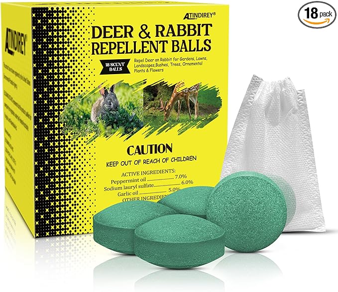 18 PCS Deer & Rabbit Repellent for Outdoor Plants, Natural Garden Yard Deterrent Balls, Long-Lasting Protection for Outdoor Trees, Flowers & Vegetables | Pet-Safe