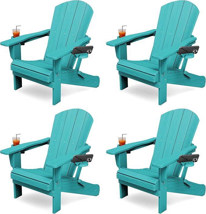 KINGYES Folding Adirondack Chair Set of 4, Dual Cup Holders & All-Weather HDPE, Wood-Like Patio Chair for Backyard, Camping, Pool & Fire Pit, Aruba