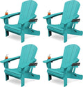 KINGYES Folding Adirondack Chair Set of 4, Dual Cup Holders & All-Weather HDPE, Wood-Like Patio Chair for Backyard, Camping, Pool & Fire Pit, Aruba
