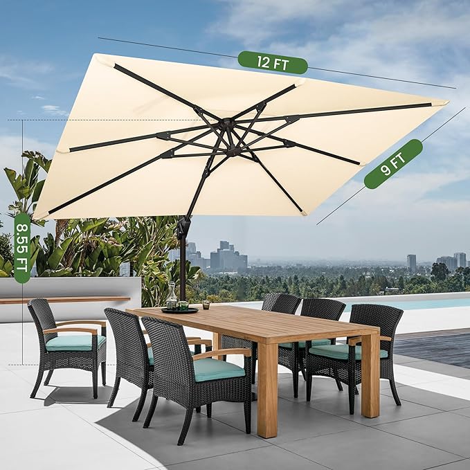 9' X 12' Cantilever Patio Umbrella Rectangular Outdoor Large Offset Umbrellas with 7 Tilts Adjustable 360°Rotation for Deck Pool Garden Backyard, Beige