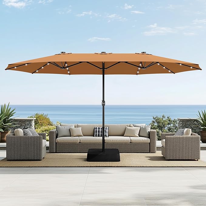 Sophia & William 15 ft Extra Large Patio Umbrella with Solar Lights, Rectangular Outdoor Umbrella with Base Included, Market Umbrella Double-sided Heavy Duty for Pool Garden Backyard, Tawny