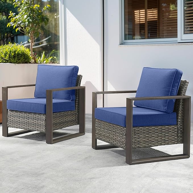 Belord Patio Wicker Chairs Set of 2-350 LBS Weight Capacity Wicker Outdoor Club Chair Set with Metal Wide Armrests for Porch Deck Sunroom Backyard