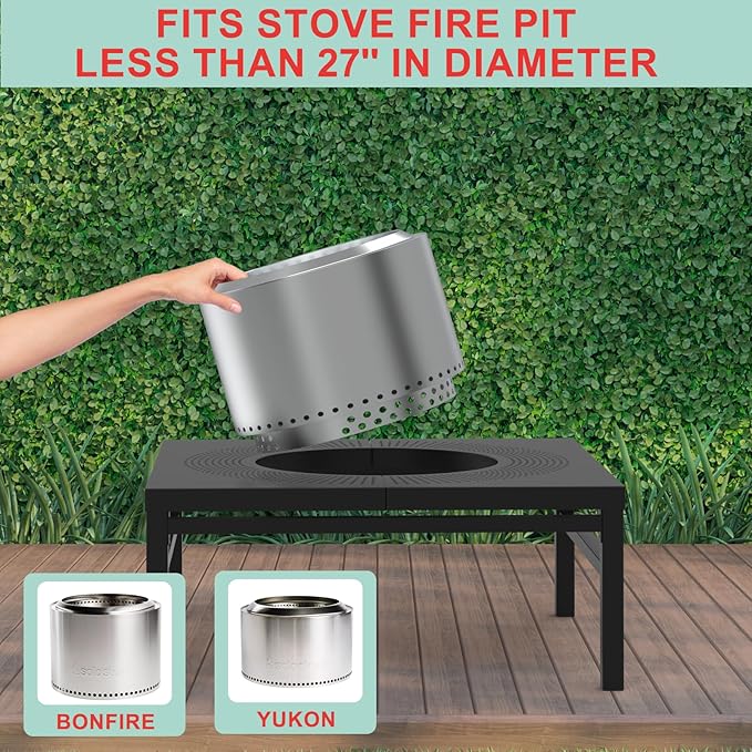 45 Inch Fire Pit Surround Tabletop for Solo Stove Yukon/Bonfire/Tiki Accessories, Smokeless Fire Pit Table & Dust Cover for Solo Stove and Other Wood Burning, Powder-Coated Steel Stove Table Surround