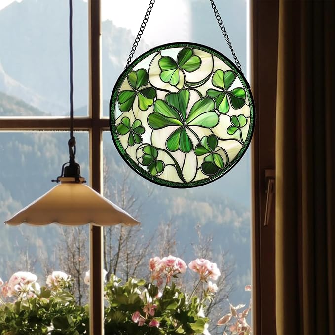 CRISGIF Stained Glass Window Hanging - Ireland Green Lucky Clover Suncatcher for Doors Garden St. Patrick's Day Sun Catchers Decor Mother's Day Birthday for Women Men Mom Nana 15 in