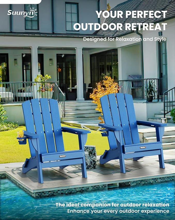 Folding Adirondack Chair 4 Pack, HDPE All-Weather Fire Pit Chairs, Plastic Adirondack Chairs with 2 Cup Holder, Outdoor Lawn Chair for Patio Garden (Royal Blue)