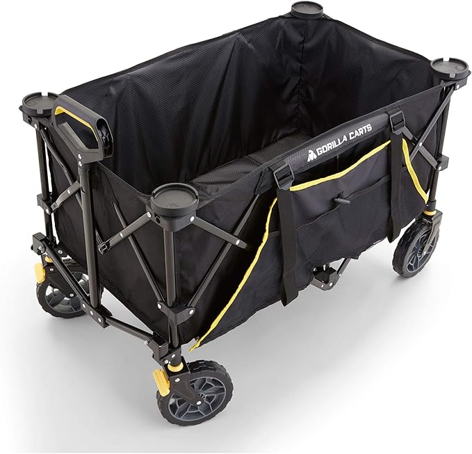 Gorilla Carts Collapsible Folding Outdoor Utility Wagon, 7 Cu Ft Oversized Bed, 150 lb Load Rating, Black – Foldable Rolling Cart w/ Pockets & Cup Holders for Beach, Camping, Sports or Picnic