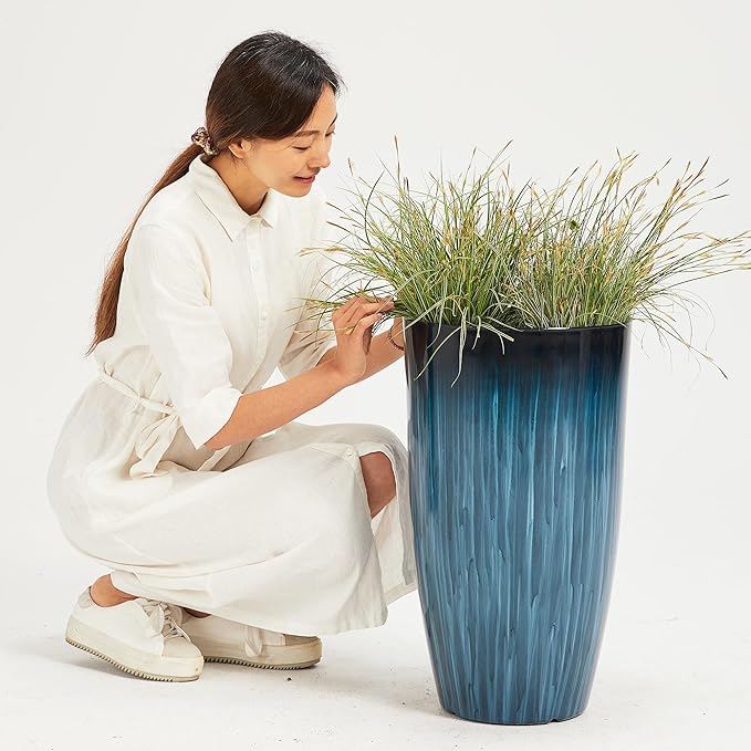 Worth Garden 23.5" Tall Plastic Planters Set of 2 with Drainage Holes, Gradient Blue Glossy Finish, Large Lightweight Round Plant Pots for Indoor Outdoor Use, Decorative Flower Pots for Front Porch