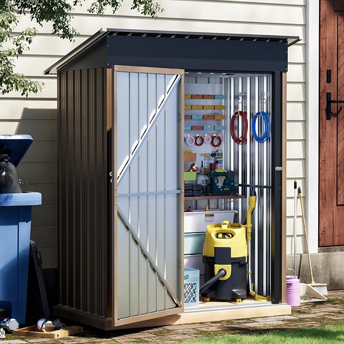 3x5 FT Outdoor Metal Storage Shed, Single Door, 1 Clear Window, Tool Shed for Garden, Patio, Backyard Brown