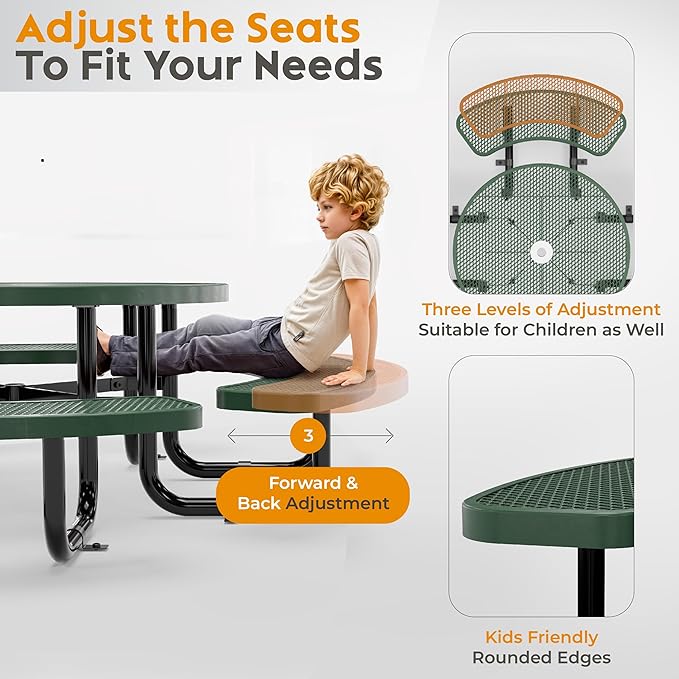OUTTANS Round Metal Picnic Tables for Kids for Outdoors with Umbrella Hole, Adjustable Seats for School, Park, Playground (Green, 38 in, Kids, Expanded Steel)