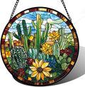 QZQCBLC Stained Glass Window Hanging Green Cactus with Yellow Flowers Large 15" - Suncatcher Door Garden Sun Catcher Home Decor Birthday Christmas for Mom Men Woman Friend Nana