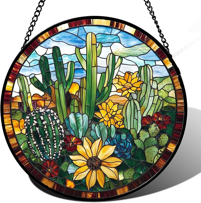 QZQCBLC Stained Glass Window Hanging Green Cactus with Yellow Flowers 7.8" - Suncatcher Door Garden Sun Catcher Home Decor Birthday Christmas for Mom Men Woman Friend Nana