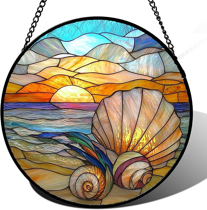 AMDERVEN Stained Glass Window Hanging - Colorful Beach Shells Conch Sun Catcher for Door Home Decor Ocean Suncatcher Christmas Mother's Day Birthday Sea Lover Gifts for Women Men Mom Nana 6.3 in