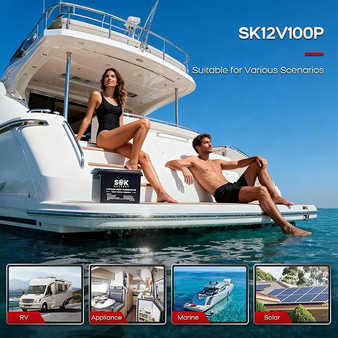SOK Battery 12V 100Ah LiFePO4 Deep Cycle Lithium Iron Phosphate Battery with Low-Temp Protection, ABS Casing, Marine Grade IP65 Suitable for RV, Marine, Boat, Yacht, and Solar & Wind Off-Grid Use