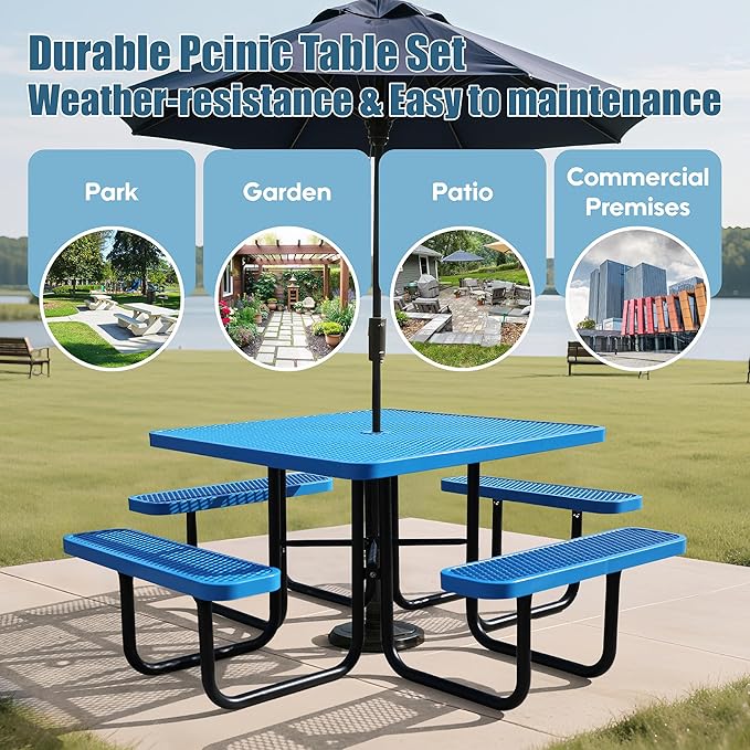 Sunnibety 8-Person Picnic Tables for Outdoors, Industrial 46" Expanded Metal Square Picnic Table with 4 Benches & Umbrella Hole, Outside Table and Bench Set for Garden, Backyard, Porch, Patio, Blue