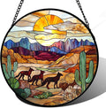 HKDGOKA Stained Glass Window Hanging Sunset Desert Landscape Wolf Large 11.8" - Suncatcher Door Garden Sunroom Sun Catcher Home Decor Birthday Christmas for Mom Men Woman Nana