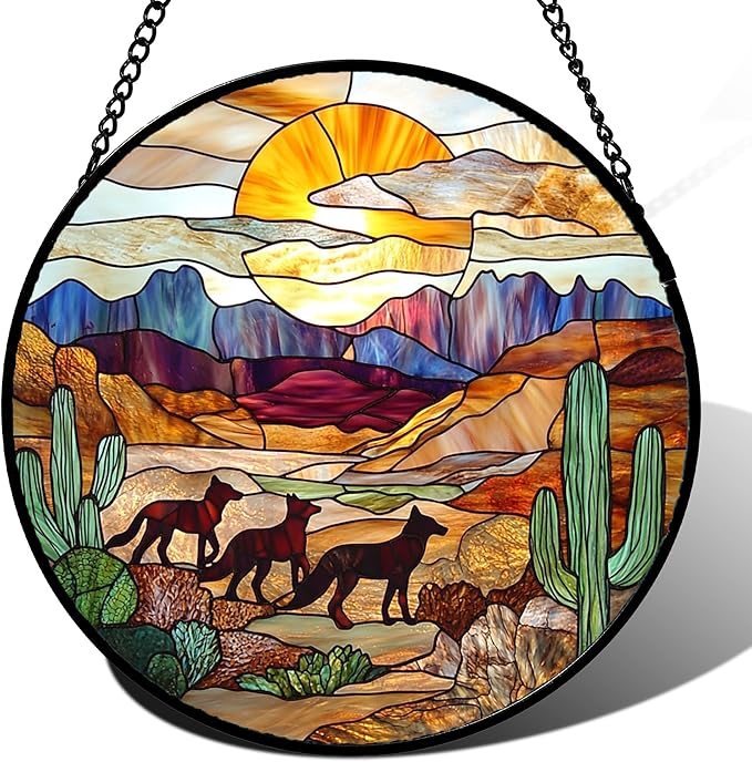 HKDGOKA Stained Glass Window Hanging Sunset Desert Landscape Wolf 7.8" - Suncatcher Door Garden Sunroom Sun Catcher Home Decor Birthday Christmas for Mom Men Woman Nana