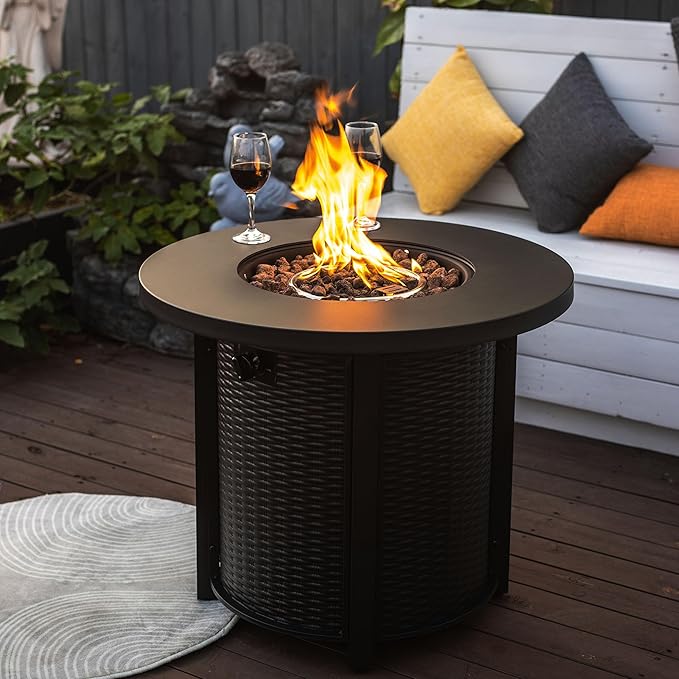30" Propane Gas Fire Pit Table, 50000 BTU Round Steel Fire Pit Steel Lid & Lava Rock for Outside Patio Deck Garden Courtyard-Black