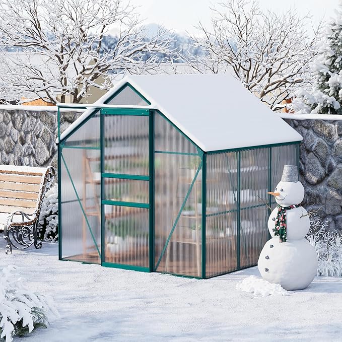 GarveeHome 6 x 6 FT Polycarbonate Greenhouse, Winter Greenhouses for Outdoors with Aluminum Frame, Sliding Door, Adjustable Roof Vent, Backyard Green Houses, Patio Garden, Green