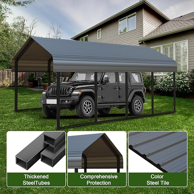 RV Metal 12x20FT Carport Canopy Heavy Duty Carports Kits for Garage,Aluminum Car Ports with Steel Shelter Frame Cover for 1 Car or Boats