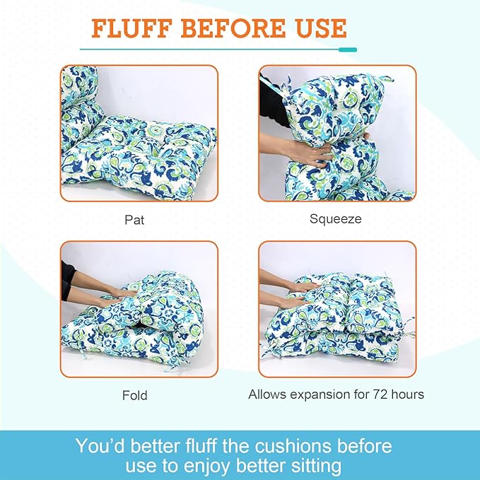 EAGLE PEAK Tufted Outdoor/Indoor High Back Patio Chair Cushions, Set of 2, 46'' x 22'', Green/Blue Modern