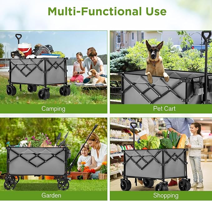 Bezseller Collapsible Wagon 400 lbs, Wagons Carts Foldable, Beach Carts with Big Wheels for Sand, Utility Folding Cart with All-Terrain Wheels, for Grocery, Sports, Shopping and Camping, Grey