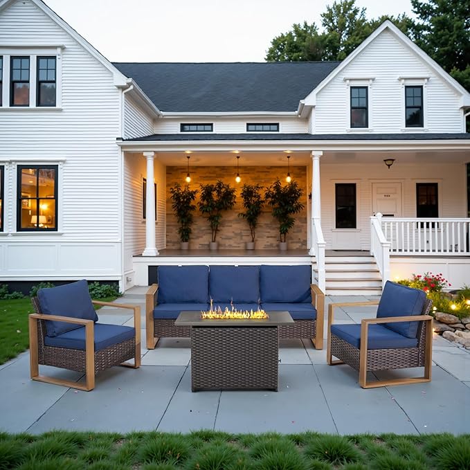 Belord Full 4 Pieces Patio Furniture Set with 41” Propane Fire Pit Table, Outdoor Conversation Set with Patio Chairs Set of 2 and Rattan Sofa for Deck Backyard