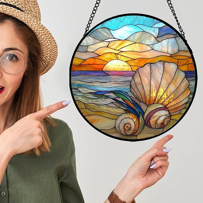 AMDERVEN Stained Glass Window Hanging - Colorful Beach Shells Conch Sun Catcher for Door Home Decor Ocean Suncatcher Christmas Mother's Day Birthday Sea Lover Gifts for Women Men Mom Nana 11.8 in