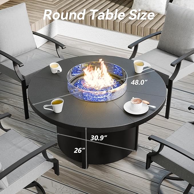 48" Round Propane Fire Pit,Steel Tabletop Fire Pit,55000 BTU Auto-Ignition Gas Fire Pits with Lid & Windproof Glass for Outdoor,Patio,Backyard