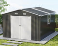 VanAcc 10x12x7 FT Outdoor Storage Shed with 2 Transparent Panels, Metal Garden Shed with Hinged Double Doors, 2 Windows & 4 Vents, Reinforced Steel Frame for Backyard, Garden, Dark Gray
