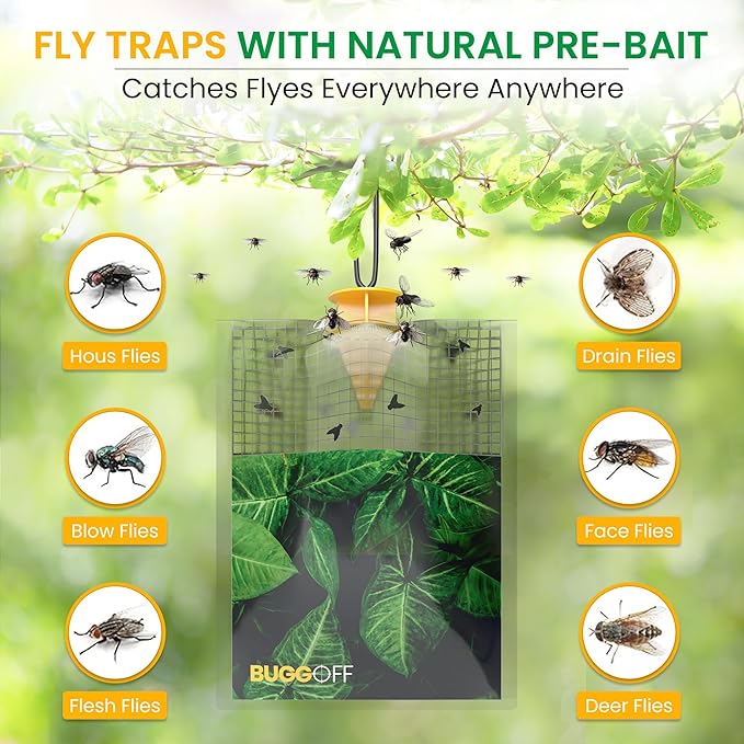 BUGGOFF - 4 Pack Outdoor use only, Disposabe Hanging Fly Traps with Natural Pre-Bait, Catches Flyes everywhere anywhere, Stables, Ranches, Cottages and More. Discrete design, Easy fill and hang setup!