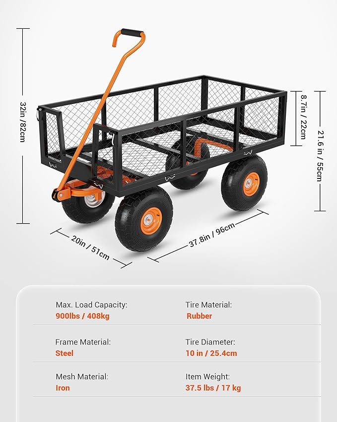 GarveeLife Heavy Duty Steel Garden Cart, 900 LBS Capacity 3 in 1 Pullable Garden Wagon with 10 in Wheels, for Gardening Soil, Tools, and Plant Transport