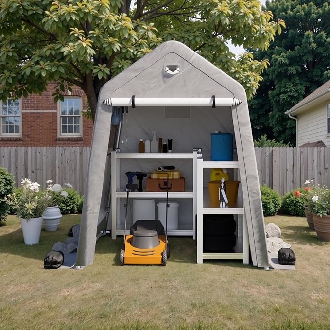 6x8 FT Outdoor Storage Shed, Portable Outdoor Storage Shelter with Roll Up Zipper Door and Vent Windows, Silver Grey