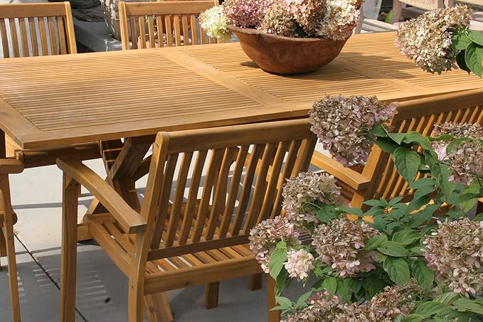 MIXPATIO Acacia Wood Outdoor Dining Set, 7 Pieces Patio Dining Table and Chairs Set, Expandable Dining Table(1.97" Umbrella Hole) and 6 Wooden Chairs, Patio Furniture Set for Deck Poolside Backyard