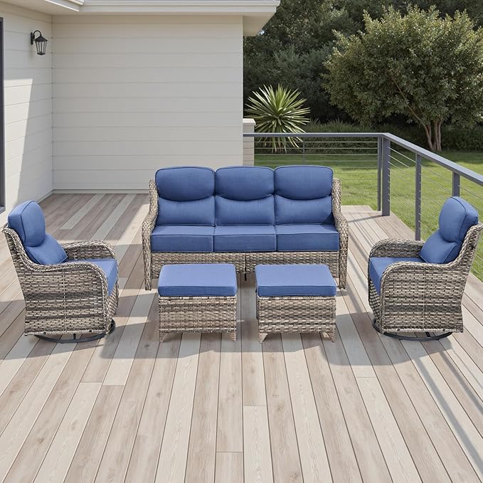 Rilyson Wicker Outdoor Patio Furniture Set - 5 Piece Patio Conversation Sets with Swivel Rocker Chairs, Ottomans and Sofa, 6 inch Cushions, Waterproof Wicker, for Porch Deck Mixed Grey/Blue