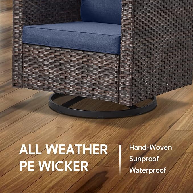 7 Piece Wicker Patio Furniture Set - Outdoor Swivel Rocker Chairs Set with Coffee Table, Side Table, 3 Seat Sofa & Ottomans, Small Patio Conversation Sets for Balcony Deck - Brown/Blue