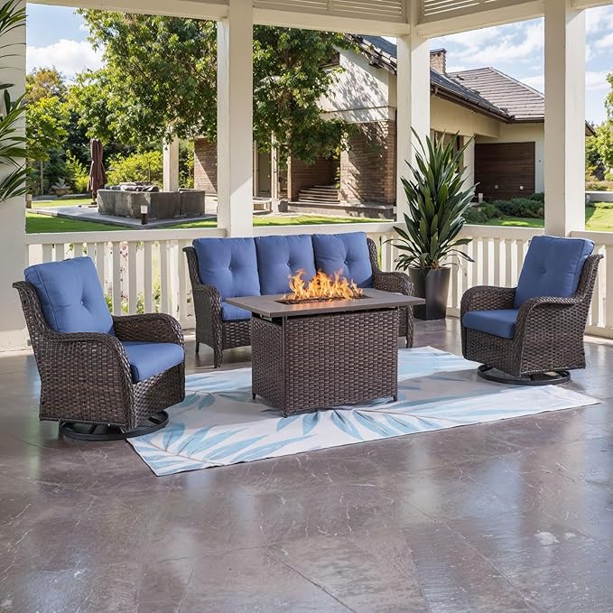 HUMMUH Outdoor Patio Furniture with Fire Pit Table Outdoor Conversation Set PE Wicker Patio Couch Swivel Glider Chairs for Balcony Garden,Lawn,Deck