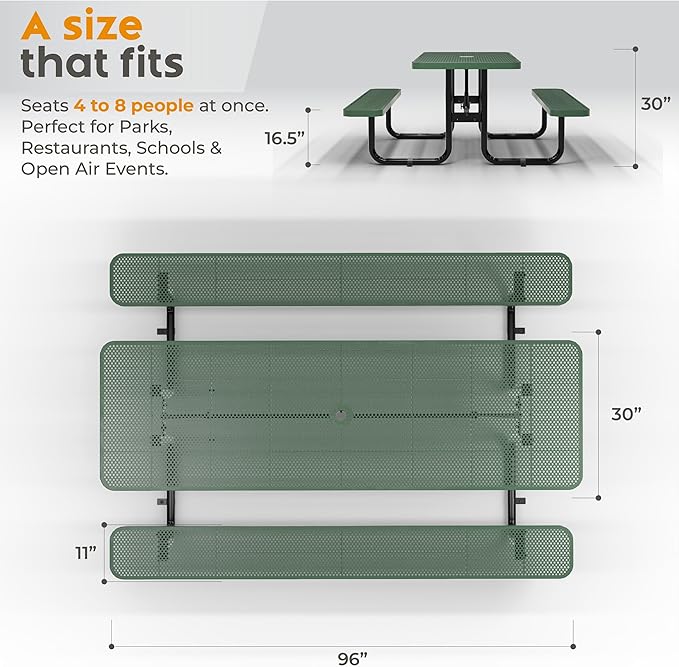 Commercial Heavy-Duty Metal Picnic Table - ADA Compliant, Adjustable Seats, Umbrella Hole (Green, 8' Rectangular, Punched Steel)