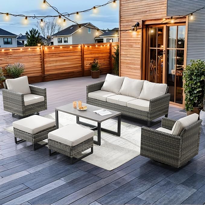 HUMMUH 6 Piece Patio Furniture Set PE Wicker Outdoor Couch,Patio Swivel Rocker Chairs and Tables for Porch,Garden,Backyard