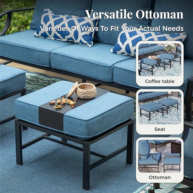 Patio Furniture Set, 6 Pcs Metal Outdoor Conversation Set, 2 Single Chairs, 2 Ottomans and 3 Seater Sofa with 5.75" Extra Thick Cushion and Gas Fire Pit Table, Navy Blue