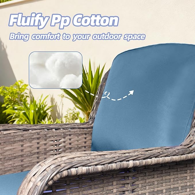 2 Pcs High Back Wicker Patio Chair Set with Ottoman, Outdoor Porch Chair with Thick Cushion for Balcony Deck Yard and Porch, Peacock Blue