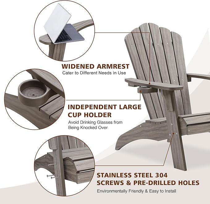 Psilvam Oversized Adirondack Chair, Fade-Resistant & Odor-Free Poly Lumber Fire Pit Chairs with Cup Holder, Weatherproof Lawn Chair, Easy 15 Min Install Patio Chair, 350 Lbs Support (1, Light Gray)